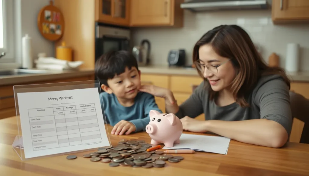 Child and parent at kitchen table with coins, piggy bank, and budget sheet